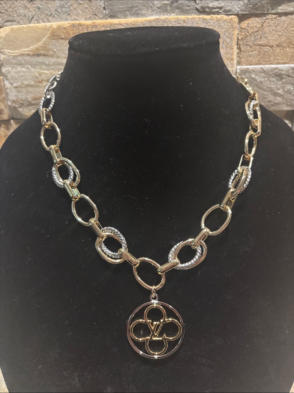Two tone Chain Necklace with Large LV Logo Pendant - Women Jewelry